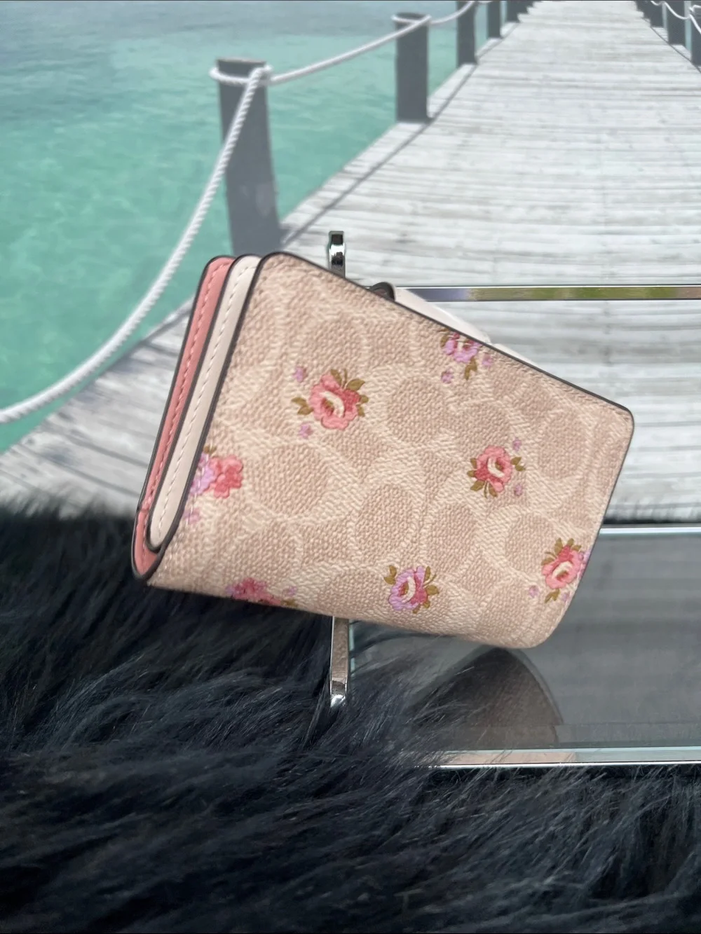 Coach Beige Pink Floral Small Wallet with White Snap